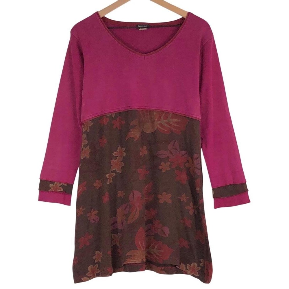 JEDZEBEL 100% Cotton Tunic Dress Sz M Pink Brown Floral Tiered Long Sleeve Boho